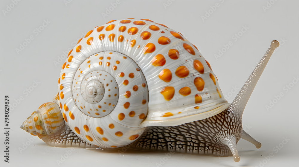Poster white snail with a symmetrical pattern of orange spots on the body. shown from the front