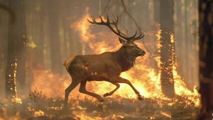 Gallant stag sprinting through a blazing forest, capturing the urgency and beauty of wildlife amidst natural disasters
