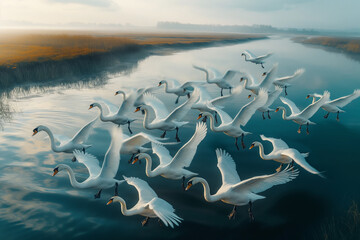 flock of swans, Drift into a realm of serenity and grace with an aerial view of a flock of swans...