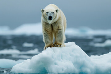 A lonely polar bear on an ice floe with the open sea behind, symbolizing the challenges faced by wildlife due to climate change and melting sea ice.

