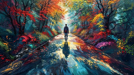 Solitary Walk Through a Vivid Autumnal Dreamscape