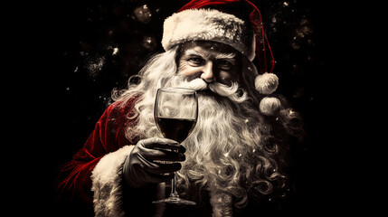 hand drawn illustration of Santa Claus with drink isolated on dark. Symbol of New Year