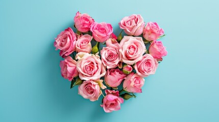 A stunning heart shaped bouquet of fresh pink roses set against a dreamy pastel blue backdrop evoking thoughts of Valentine s Day Easter weddings or Mother s Day This imaginative floral arr
