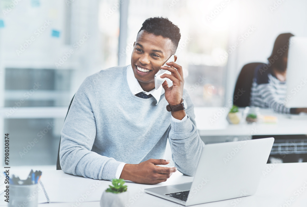 Aufkleber Business man, phone call and coworking office with web design networking and conversation. Happy, desk and startup staff with digital designer work and communication with technology at workplace