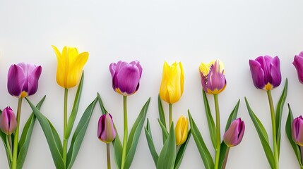 Celebrate Mother s Day with stunning purple and yellow tulips against a crisp white backdrop creating a vibrant spring scene