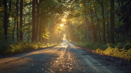 Fototapeta premium Road with bold message leading into a sunlit forested landscape.