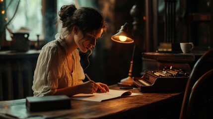 Beautiful lonely young woman writing a script for a film. Copy Space.