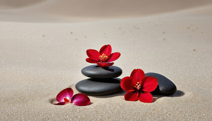 Fototapeta na wymiar spa stone with red flower on white sand