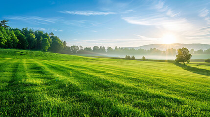 Summer vista showcases freshly mown lawn amidst morning mist against a picturesque spring