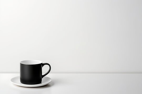 A black coffee cup on a white saucer sits on a white table