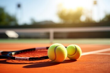 Two tennis balls and a racket on a clay court with the net and blurred background.