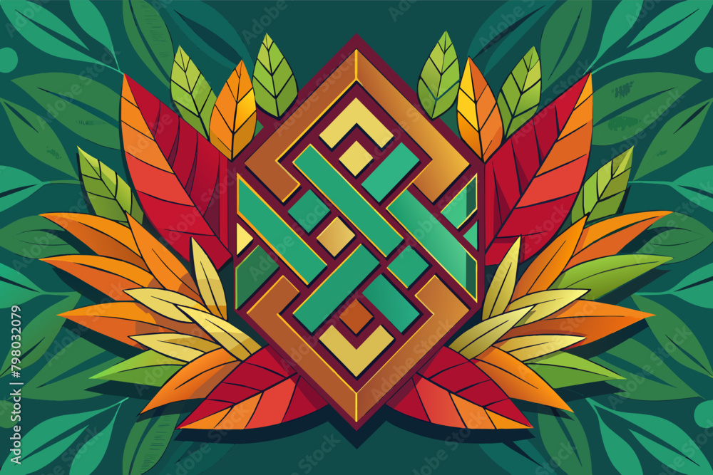 Poster a colorful geometric pattern with a central diamond shape and symmetrical leaves in shades of red, o