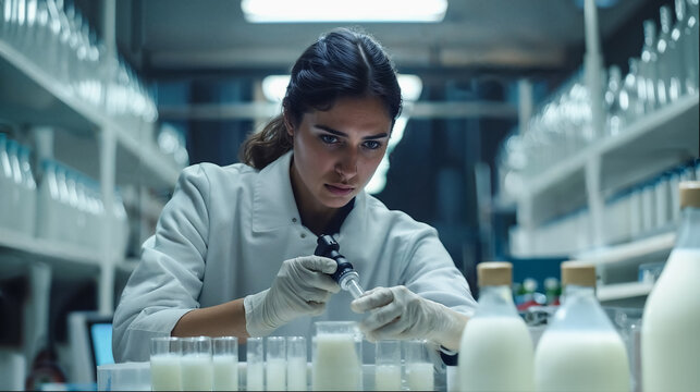 A young woman technician in a milk laboratory checking a quality and safety of milk products.