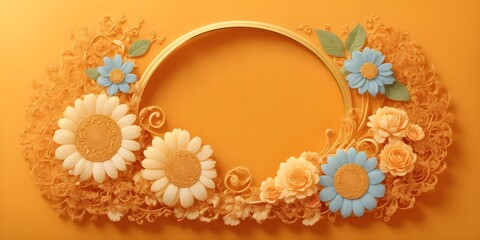 3d render of frame with flowers and leaves on orange background.