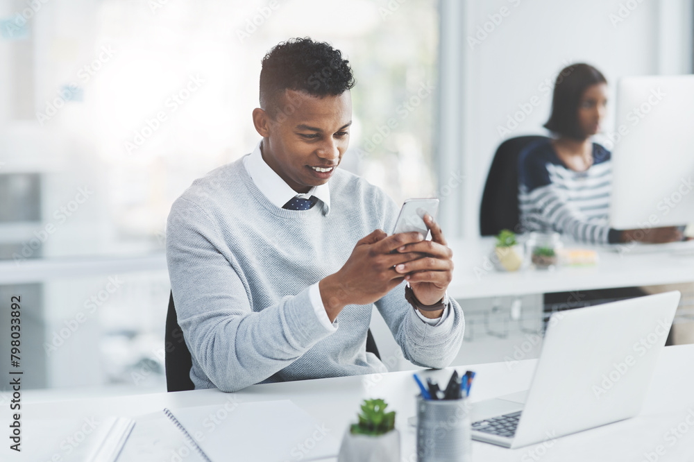 Aufkleber office, business and man with smartphone, typing and connection with social media, laptop and intern