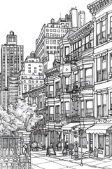 A pen drawing of a street with brownstones and a tree in the foreground.