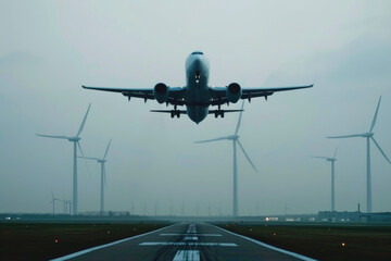 Fototapeta premium A passenger aircraft taking off with wind turbines in the background, showcasing the juxtaposition of traditional and renewable energy sources.
