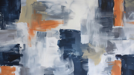 A painting with a blue-orange background and white and gray brush strokes. Abstraction. A mixture of different colors. Modern Art. Background for wallpaper, banner, interior design advertising