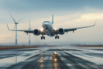 Obraz premium A passenger aircraft taking off with wind turbines in the background, showcasing the juxtaposition of traditional and renewable energy sources.