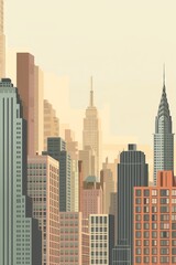 An illustration of a cityscape with tall buildings in the background and a peach-colored sky.