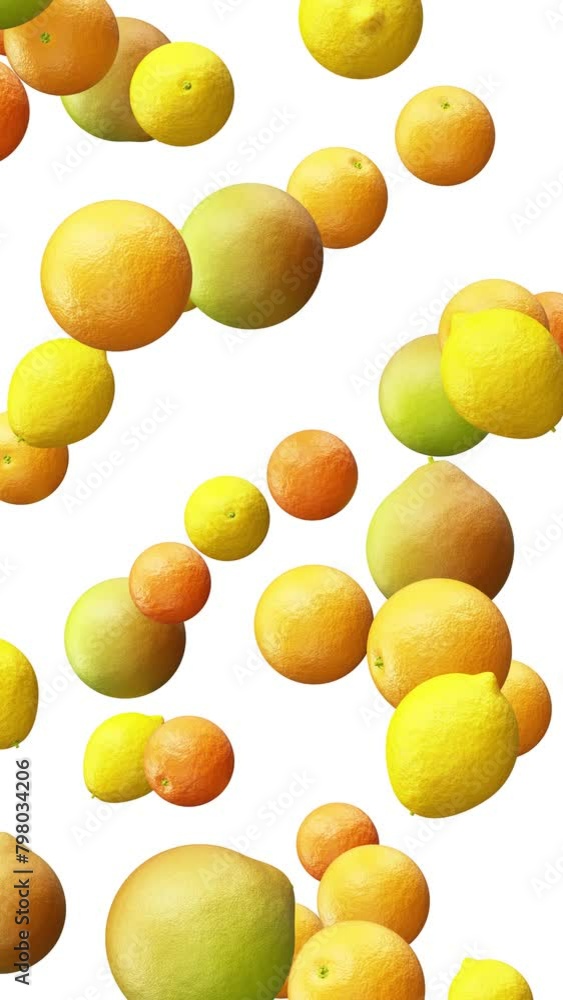 Aufkleber vertical video. realistic looping 3d animation of the fresh ripe lemons, mandarins, oranges and pome