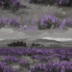 This art piece blends monochromatic shades with splashes of purple, depicting lavender fields stretching towards a distant, subdued landscape.