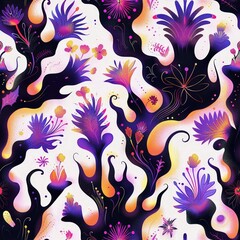 Vivid psychedelic pattern featuring an abstract mix of floral and fauna elements, bursting with vibrant colors on a dark background.