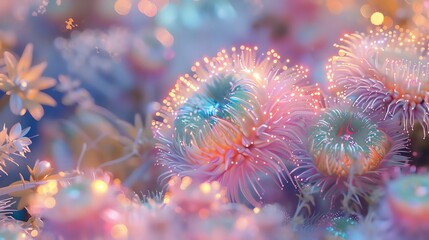 /imagine: prompt: biopunk alien flowers, intricate details, pastel colors, fiber optics, glowing - obrazy, fototapety, plakaty