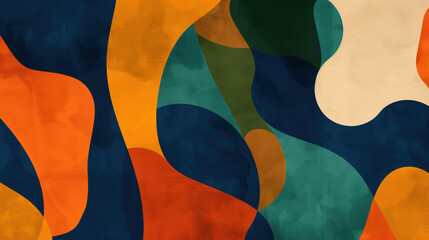 Fototapeta premium Bright abstract painting with orange, blue, green and yellow shapes. Print for textile, wallpaper, invitation, advertisement or poster. Modern Art.