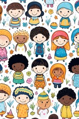 Diverse happy children, handdrawn pattern for multicultural classroom decor ,  childlike drawing
