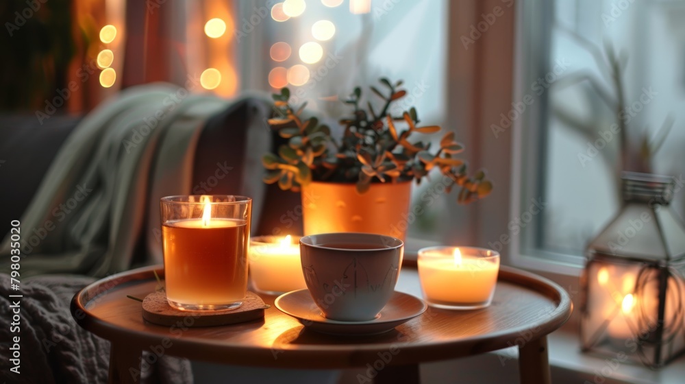 Poster a small side table holds a cup of hot tea and a few lit candles creating the perfect setting for a r