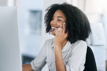 Phone call, computer and business with woman, speaking and connection with planning, consulting and...