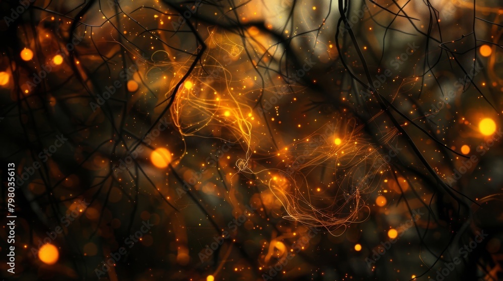 Poster a mystical forest where the trees are made of intertwining threads of fire wind and growth all conne