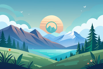 Illustration of a scenic landscape with mountains, a lake, pine trees, and a setting sun in the background.