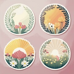 Circular Floral Wreath Stickers showcasing sunburst designs intertwined with lush meadows