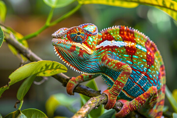 Colorful Chameleon Camouflaged on Branch A colorful chameleon blending seamlessly into the foliage of a tree branch its vibrant hues and textured skin providing camouflage as