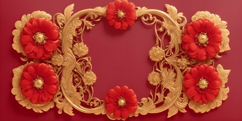 Red background with frame made of flowers. 3d rendering, 3d illustration.