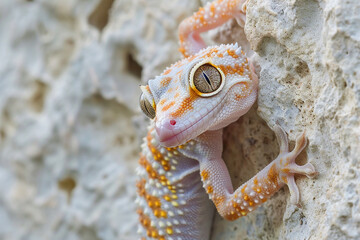 Gecko Clinging to Wall A gecko clinging effortlessly to a vertical wall its specialized toe pads and agile movements allowing it to scale surfaces with ease as it hunts for insects or seeks shelter 