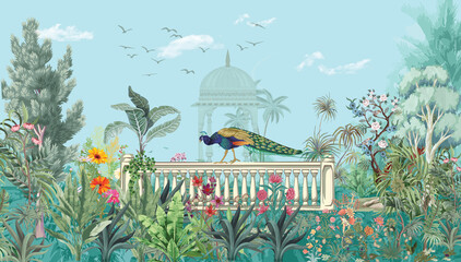 Mughal garden, peacock, arch, bird illustration for wallpaper. Jungle Mural vector wallpaper.  © Parimol