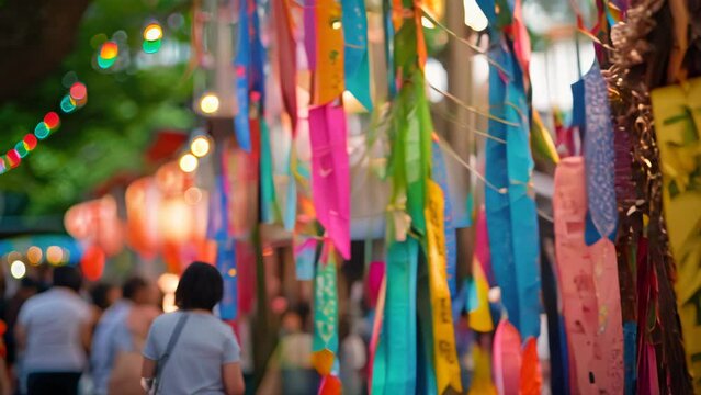Colorful paper streamers with Japanese characters hanging at a festival. 
