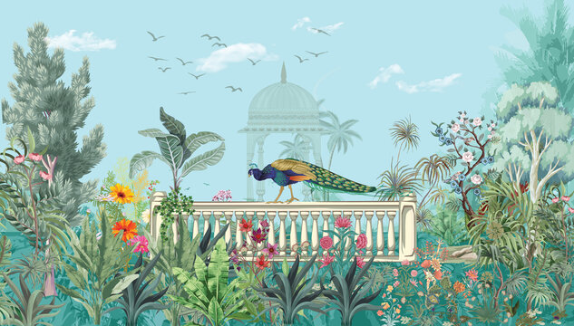 Mughal garden, peacock, arch, bird illustration for wallpaper. Jungle Mural vector wallpaper.
