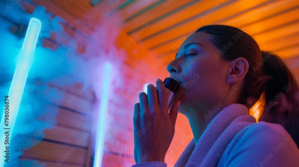 Aufkleber a person using a handheld inhaler while inside an infrared sauna receiving the benefits of both trad