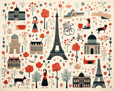 Charming Paris pattern, handdrawn animals and icons, seamless for stationery ,  flat graphic drawing