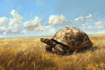 Tortoise Grazing in Grassland A tortoise grazing leisurely in a grassland habitat its sturdy shell and slow movements reflecting the gentle pace of life for these ancient reptiles as they feed on 