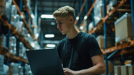 Worker Checking Inventory in Warehouse