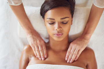 Woman, spa and neck massage for relax, masseuse hands and pressure for muscle tension. Resting,...