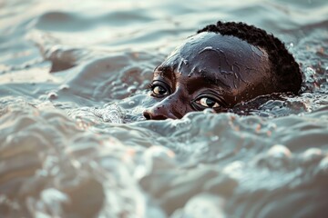 Poignant image capturing the intense gaze of a refugee submerged in water, embodying the despair and struggle faced by castaways and immigrants on treacherous journeys - obrazy, fototapety, plakaty
