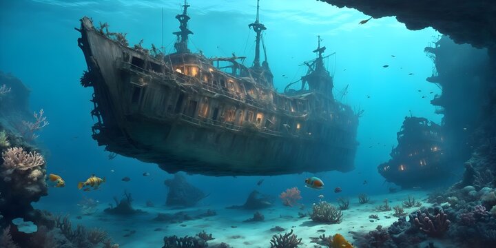 Abandoned ship wreck in the blue sea, underwater panorama