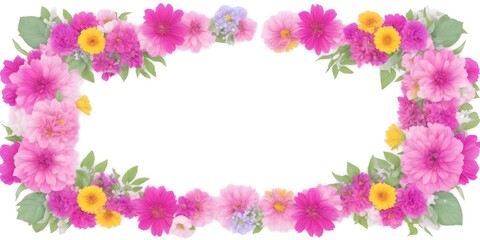 Floral frame made of colorful flowers on white background with copy space