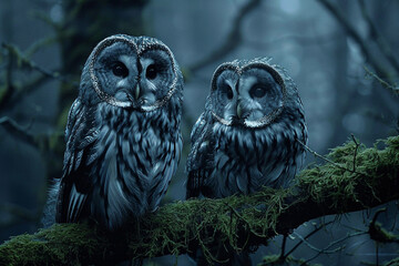 Majestic Owls in Moonlit Forest Majestic owls perched on moss-covered branches in a moonlit forest their piercing eyes gleaming in the darkness as they keep watch over